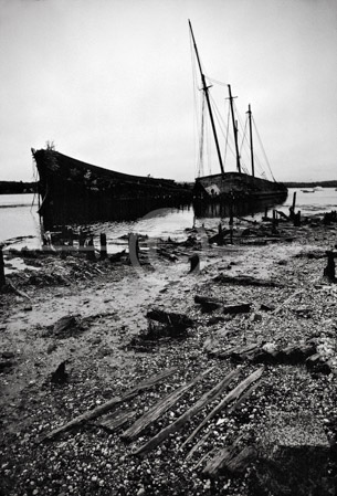 HD_STBW-06 - Decaying hulls of the  Hesper and Luther Little, four-masted schooners beached near Wiscasset Maine. Ships decayed over the years and finally removed by town in 1998.