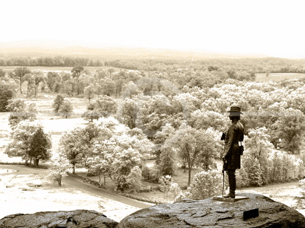 HD_STBW-89 - Statue of Union General Gouverneur K. Warren at overlook on Little Round Top, a hill that overlooks the Gettysburg, Pennsylvania battle field. HD_STBW-89 - Statue of Union General Gouverneur K. Warren at overlook on Little Round Top, a hill that overlooks the Gettysburg, Pennsylvania battle field.