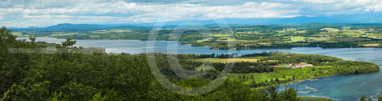HD_STC-104 - View of Lake Champlain and Fort Ticonderoga from Mount Defiance. Green Mountains of Vermont in the distance.