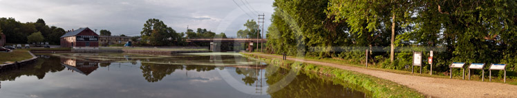 HD_STC-107 - Panorama of Cushwa Basin on the C&O Canal in Williamsport, Maryland. Vehicular bridge in background carries U.S. Route 15 across the Potomac River into West Virginia. The old railroad lift bridge can be seen further back.